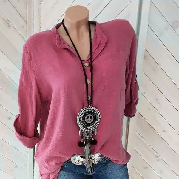 

Oversized Women Blouses Cotton Linen Blouse Autumn Shirts Casual Long Sleeve Button V Neck Loose Shirt Lady Tops Plus Size S-5XL