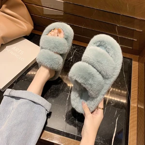 Winter Women Flip Flop Shoes Home Bedroom Indoor Slides Warm Faux Fur Platform Shoes Memory Foam Fluffy Plush Cotton Slippers