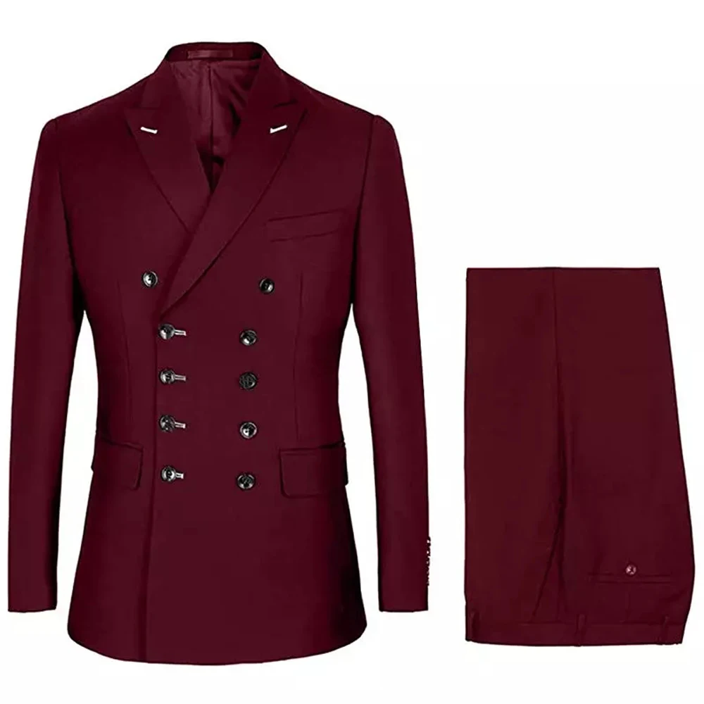 

Dilun Fashion design Burgundy double breasted men's suit custom groom wedding party dress 2 piece jacket pants latest men's blaz