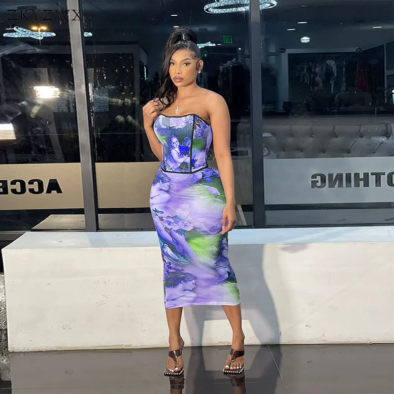 

ZKYZWX Trendy Print Two Piece Vacation Outfits for Women Summer Skirt Set Strapless Corset Tops and Sexy Club Party Midi Dress