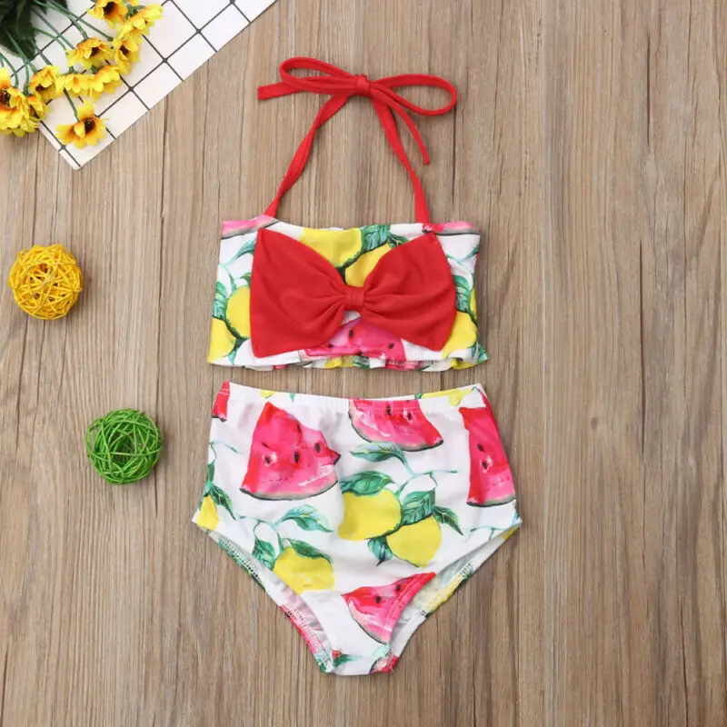 Модный детский купальник с бантом и принтом арбуза лимона для девочек лето 2020 2