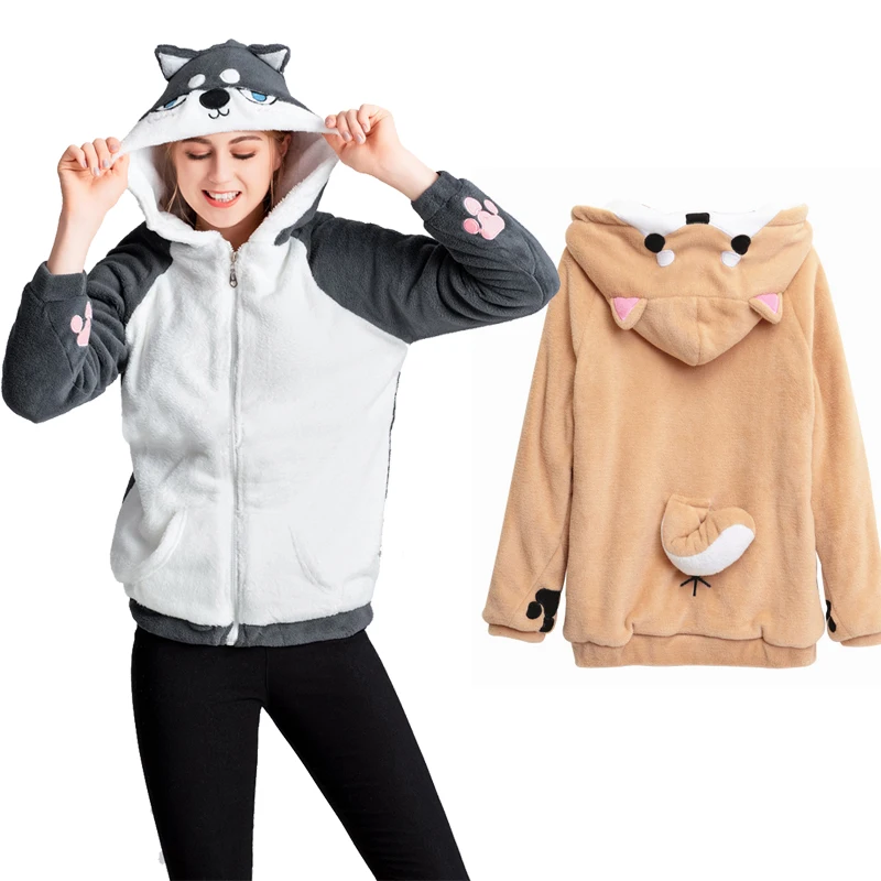 

Lolita Girls Cosplay Neko Atsume Shiba Inu Husky Hoodie Coat Cute Dog Pullover Thicken Flannel Hooded Sweatershirts Drop Ship