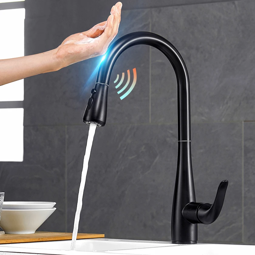 Выдвижной Черный сенсорный кран для кухни из нержавеющей стали умный