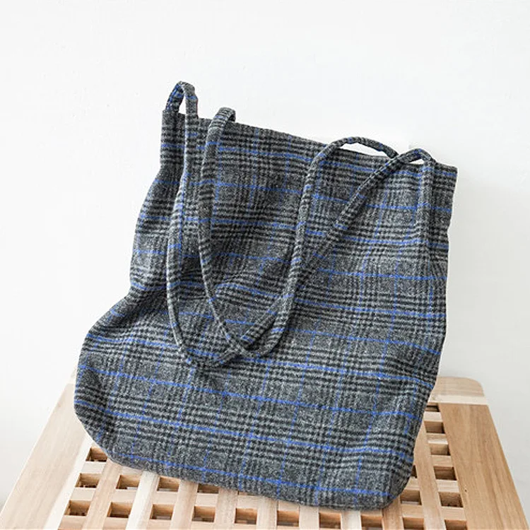 

Women Woolen Canvas Shoulder Bag Ladies Vintage Plaid Handbag Totes Female Wool Cloth Shopping Bags High Capacity