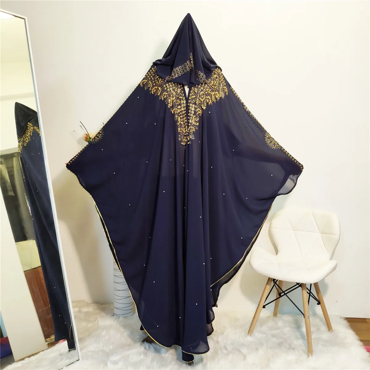 

WEPBEL Full Sleeve Beading Muslim Abaya Women Long Maxi Dress Batwing Diamond-Elegant Ramadan High Waist Hooded