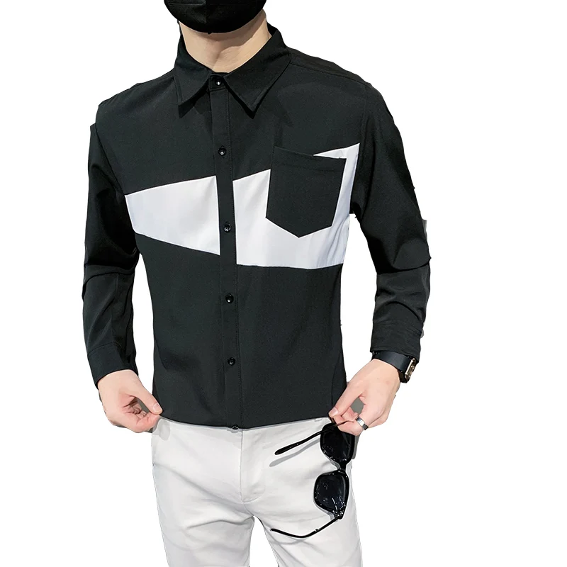 2021 Autumn Splicing Shirt for Men Long Sleeve Slim Streetwear Social Casual Shirt Nightclub Party Male Clothing Chemise Homme