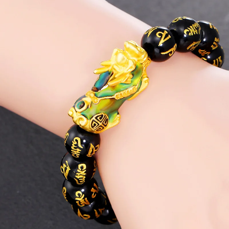 

New Chinese Lucky 6 words Bracelets Gold Color Brave Troops Stone Beads Bangles Bracelet God Beast Pixiu Bracelet