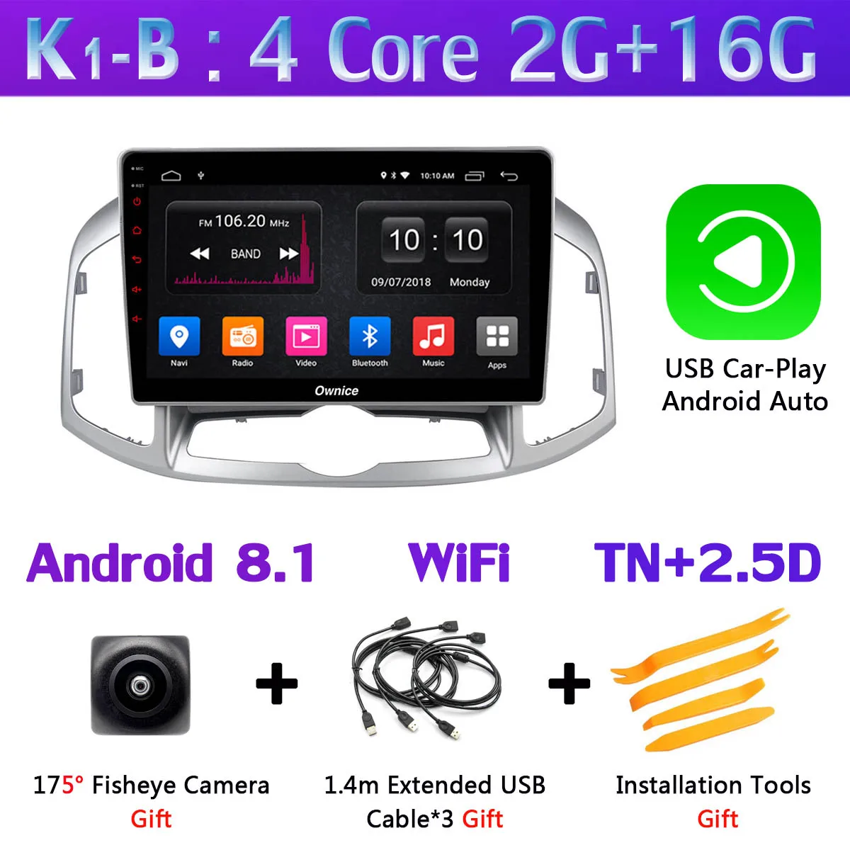 K1-B-CarPlay Панорамная камера 360 ° gps радио 4G WiFi Android 9,0 8Core 4G+ 64G DSP SPDIF CarPlay Автомобильный плеер для Chevrolet Captiva 2011 - Цвет: K1-B-CarPlay