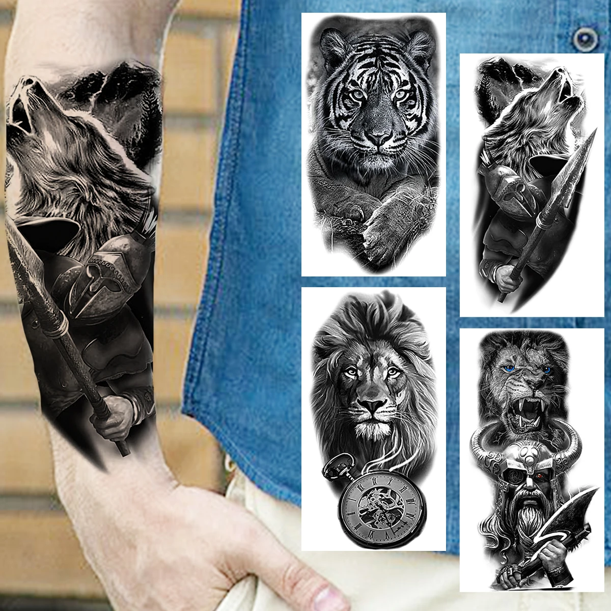 Временные татуировки с черным волком для мужчин женщин и реалистичные тигр Лев