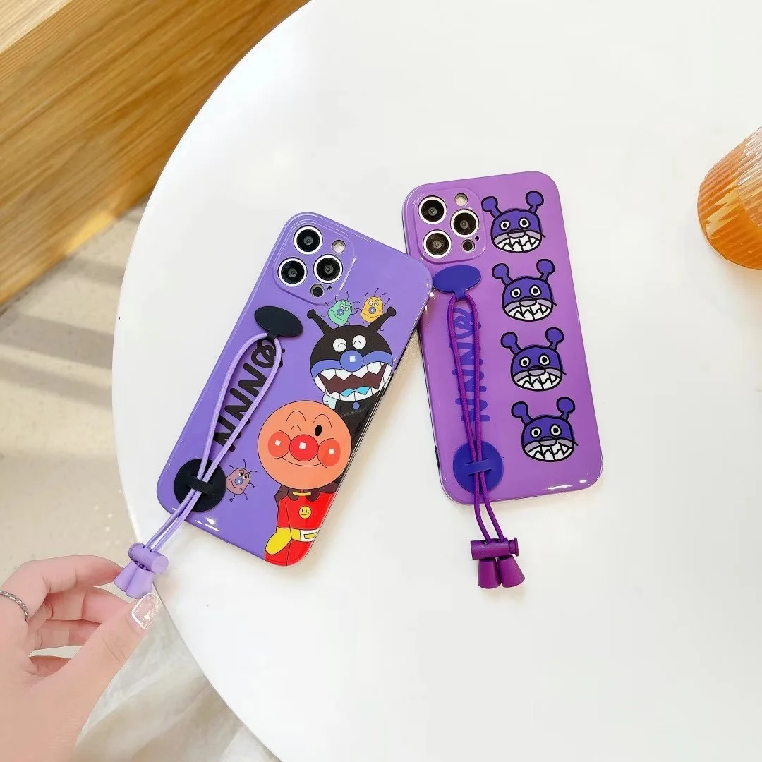 

Japan Cute Cartoon Anpanman Wrist Rope Soft Silicone Phone Case for Iphone 7 8 Puls X XR XS 11 12 Mini Pro Max Protection Cover