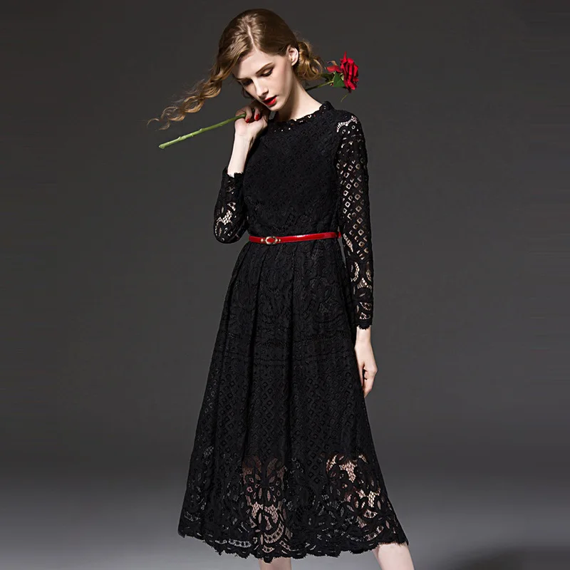 

2021 spring and autumn new arrival dresses European and American plus size women's long-sleeved slim sexy lace dress