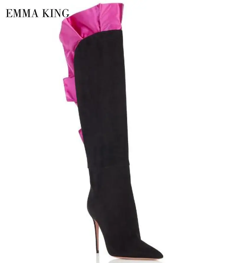 Женские замшевые сапоги до колена с оборками на шпильке | Обувь