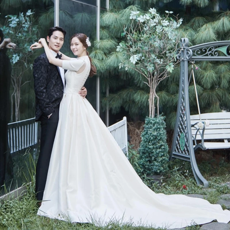 

vestiods de noiva 2020 New Elegant Satin Dress for Wedding Party Korean Vintage High Neck Bridal Gowns Chic Simple