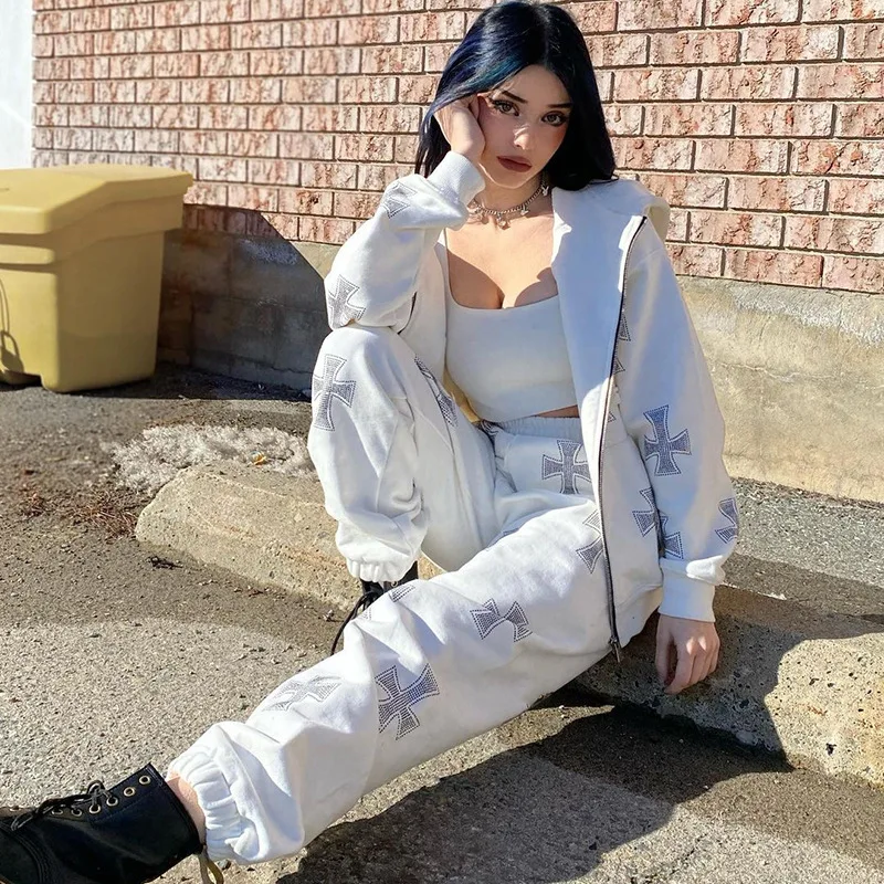 

Women Jacket 2021 Autumn Rhinestone Butterfly Print Oversize Y2k Hoodies with Zipper Streetwear Color Block Sweatshirt Pants