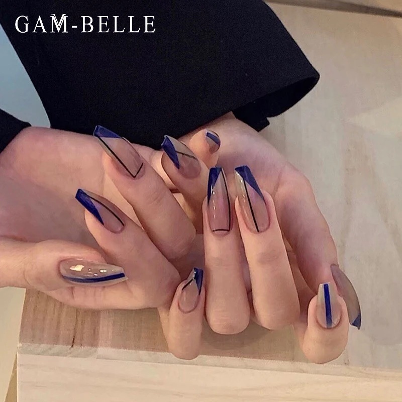 

GAM-BELLE 24 шт. синие Геометрические линии поддельные ногти длинные балерины Французский акриловый пресс на ногтях полное покрытие маникюрные ...