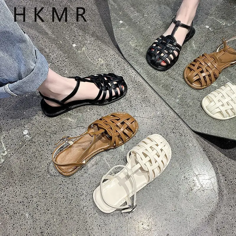 

2021New Beige Heeled Sandals Retro Woman Shoes All-Match Summer Black Original Clear Fashion Closed Girls Gladiator Comfort Flat