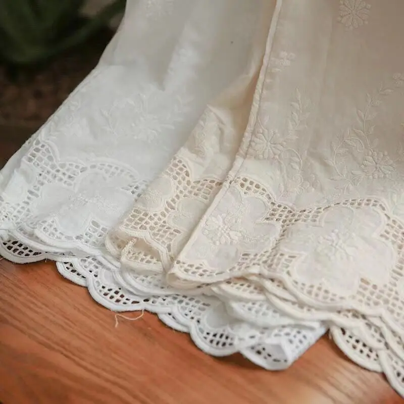 

New Spring 2021 fashion Women Embroidery Cotton Hollow Out Wide Leg pants casual Elastic Waist Calf-length pants