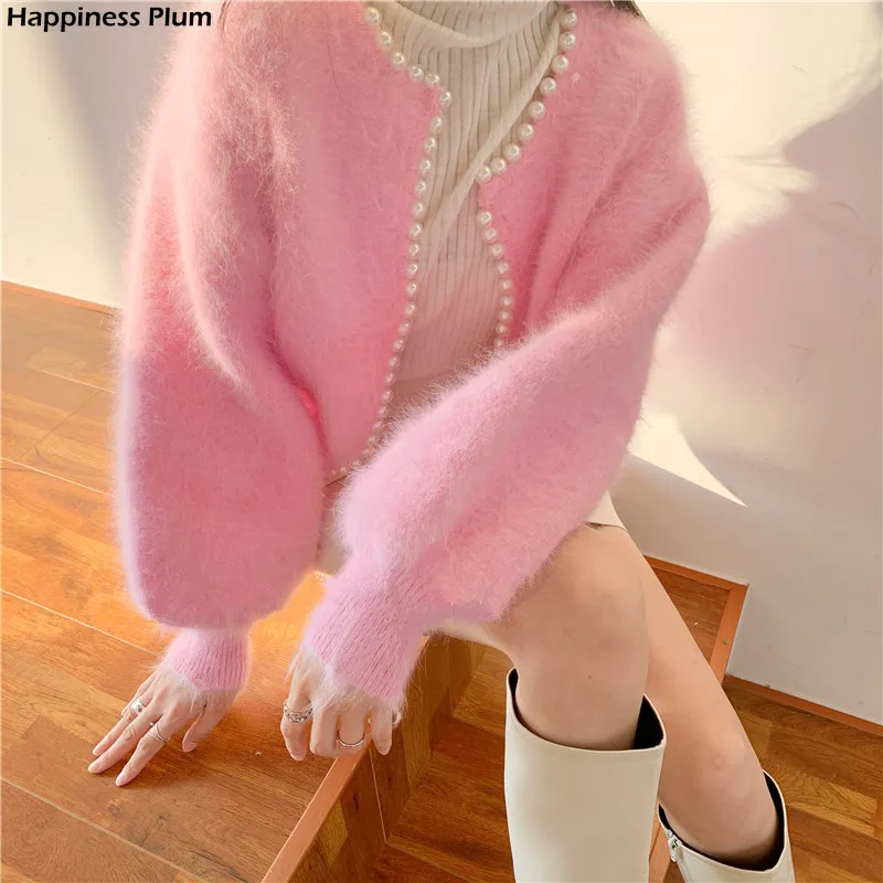 

Sweet Lantern Sleeve Mink Cashmere Sweater Knitted Cardigan Korean Beads 2021 New Causal Knitwear Open Stitch