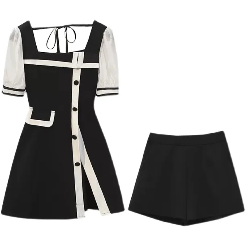 

Plus size office ladies 2 piece set for women Summer short sleeve side split patchwork midi dress and shorts suits korean sets