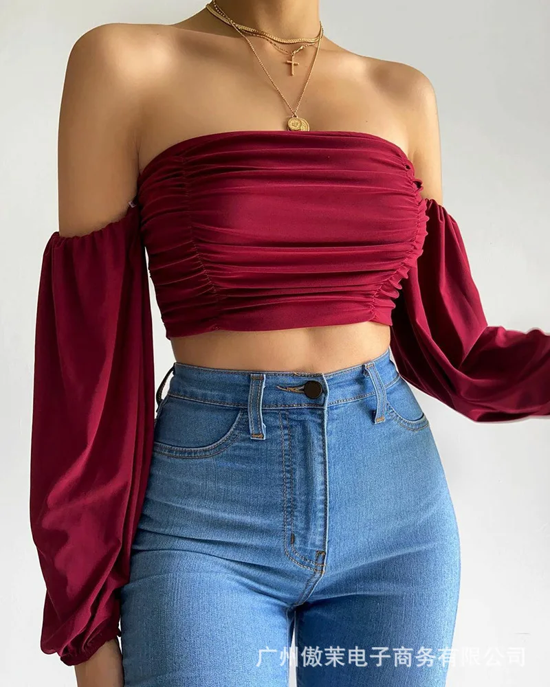 

2021 Women's Autumn New Long-sleeved One-shoulder Pleated Top