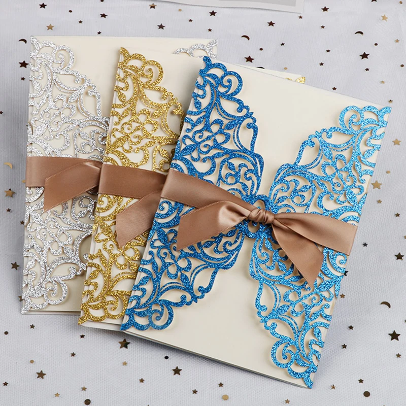 50 шт блеск Бумага лазерная резка свадебные приглашения карты Поздравительные