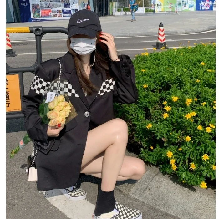 Осень 2021 Новый однобортный черно-белый клетчатый костюм для шахматной доски