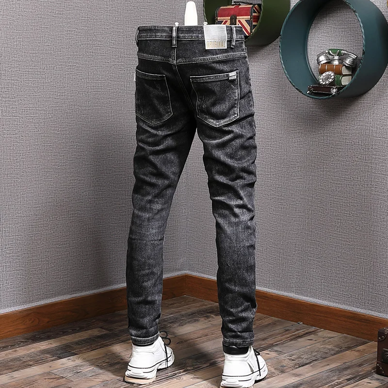 Newly Vintage Fashion Men Jeans Black Elastic Slim Fit Ripped Jeans Men Korean Style Embroidery Designer Casual Denim Pants