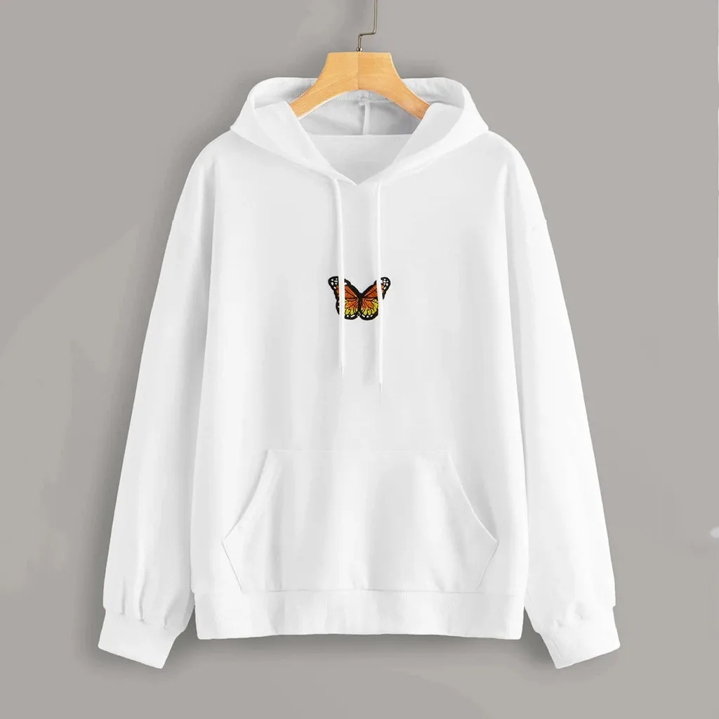 JAYCOSIN Women Sweetshirts Butterfly Sweatshirt Autumn Long Sleeve Pocket Pullover Hoodie Tunic Top Blouse Polerones De Mujer