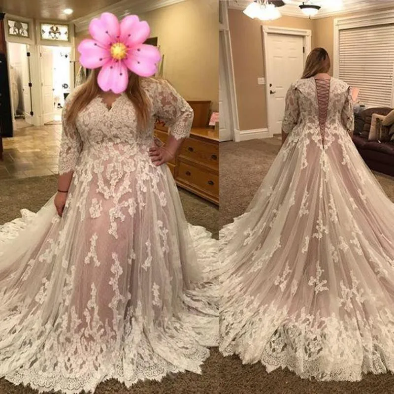 

Lace Plus Size Wedding Dresses Customized V Neck 3/4 Sleeves Lace Up Back Bridal Gowns Sweep Train Wedding Dress Vestido De Noiv