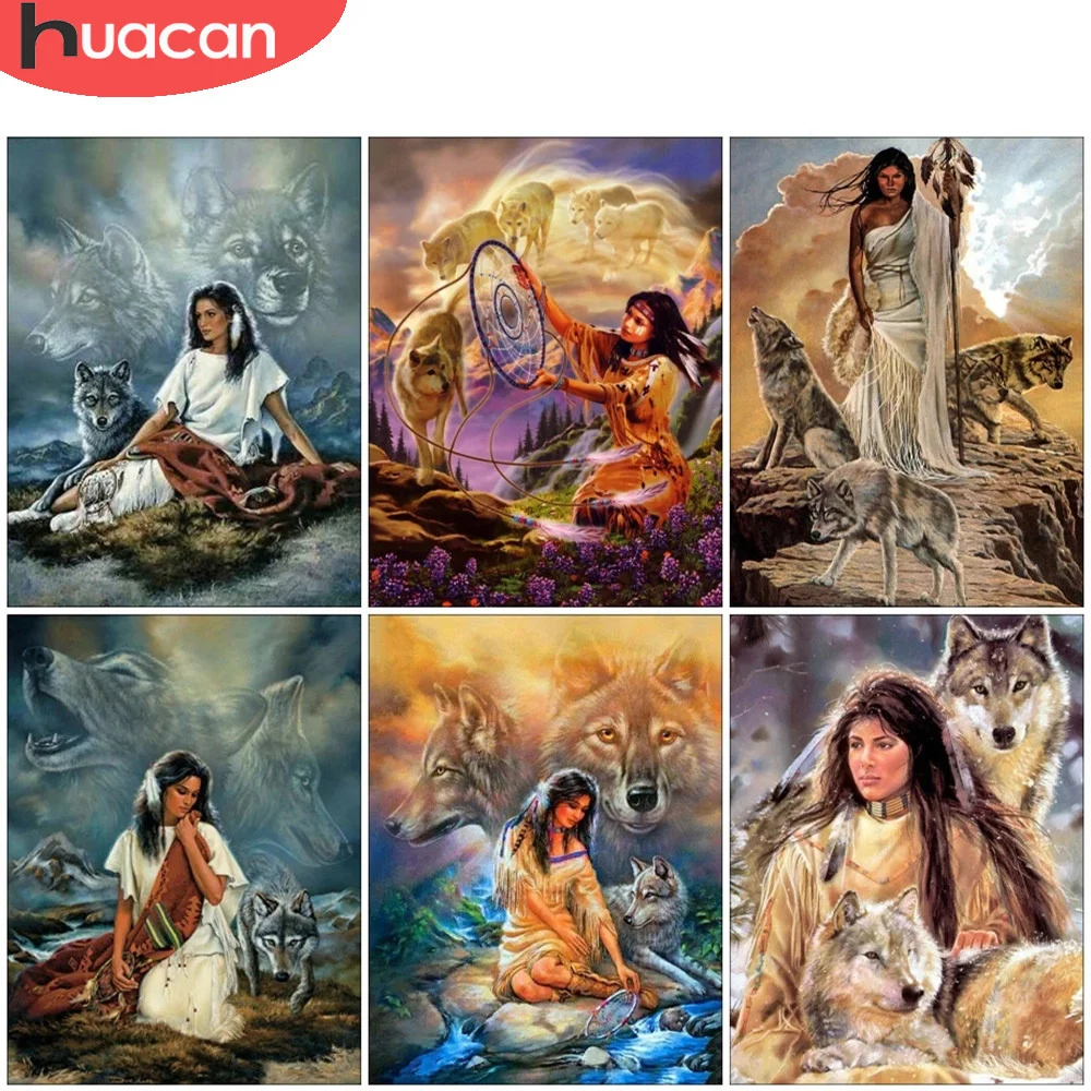 

HUACAN полноразмерная/круглая алмазная живопись портрет женщина мозаика вышивка волк вышивка крестиком Стразы картина домашнее искусство