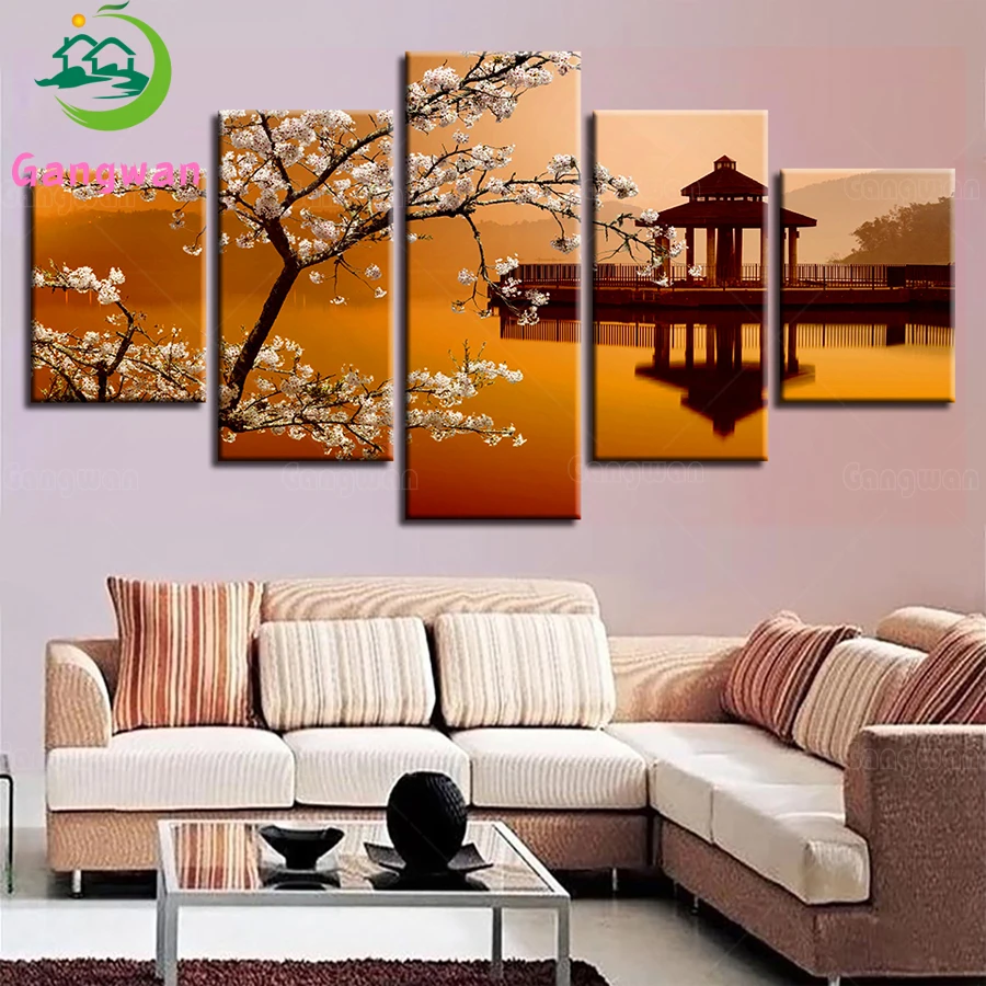 

5 Pieces Retro Pear Flower Small Pavilion Beautiful Scenery Full Diamond Painting 5D DIY Diamond Embroidery mosaic Cross Stitch