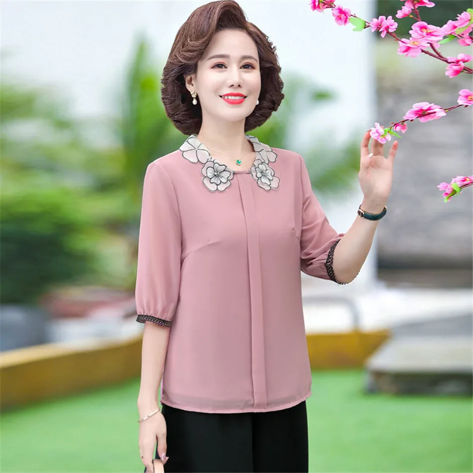 Блузка женская шифоновая с вышивкой элегантная повседневная Однотонная рубашка