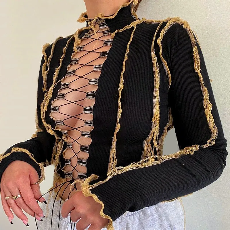 

Ribbed Patchwork Women Tie Front Top Fashion Lace Up Hot Sexy Hollow Out Crop Tops Club Spring Mock Neck Bodycon Tees
