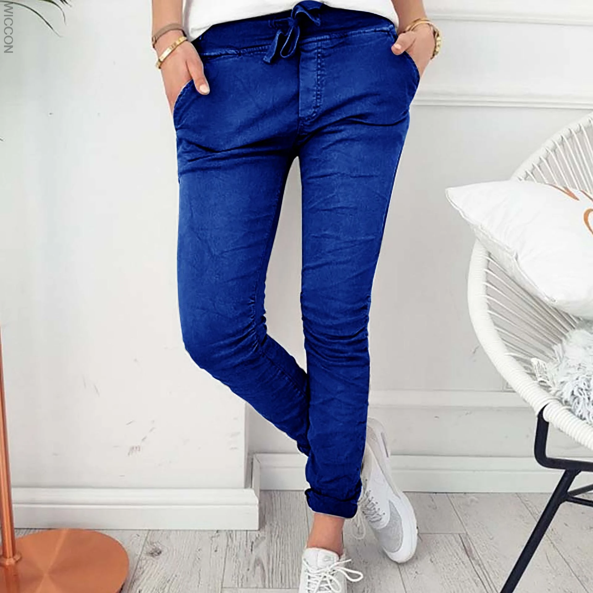 

2021 Fashion Spring Autumn Skinny Women Pencil Pants Pocket Elastic Waist Trousers Casual Slim Women Pants Drawstring