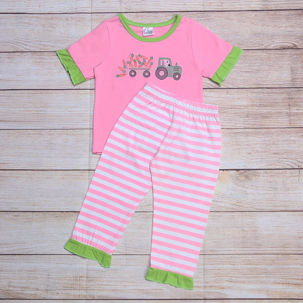

Summer Girls Clothes Pink Short Sleeves Top And Pink Striped Trousers Easter Rabbit Pull Carrot Embroidered Toddler Girl Outfits