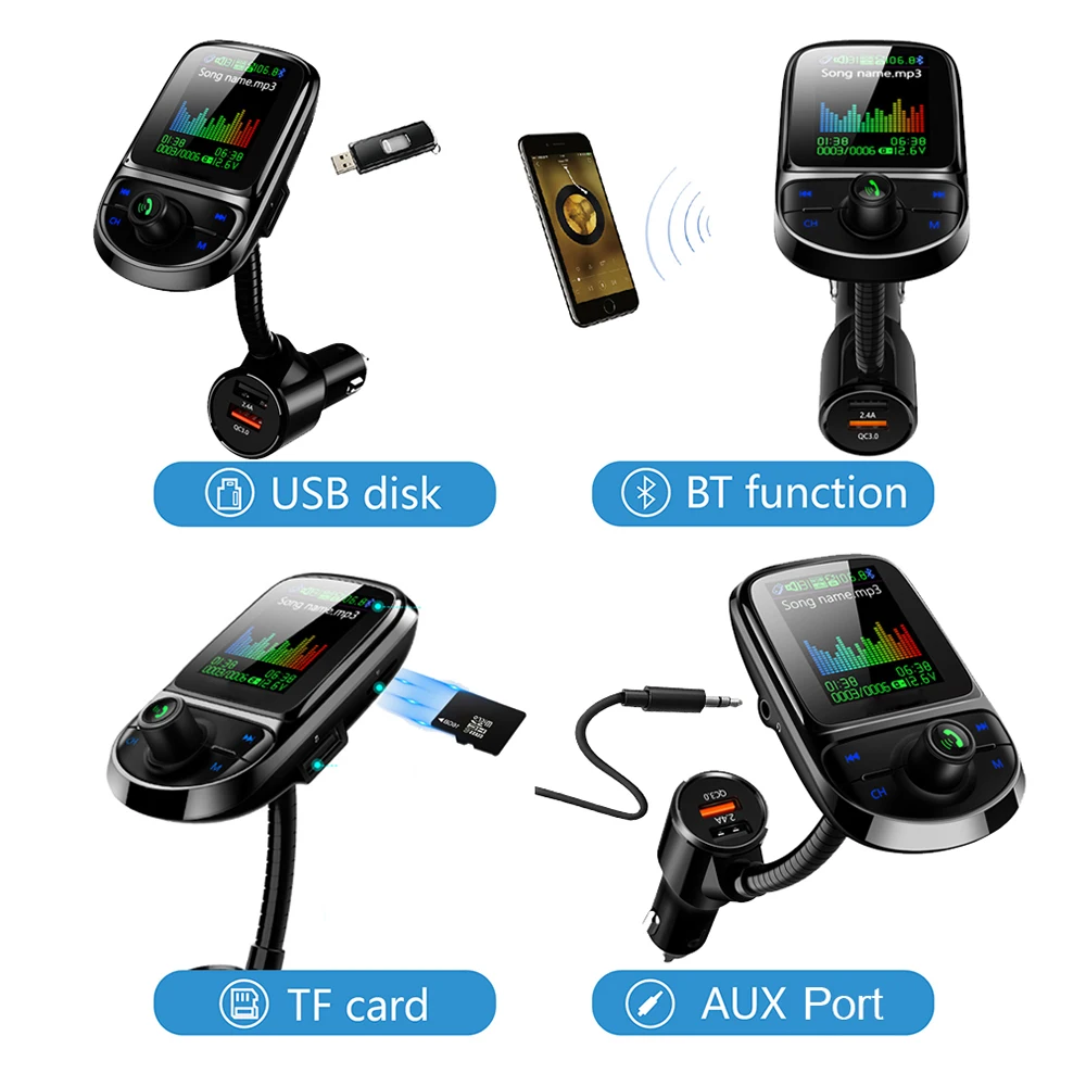 JINSERTA цветной экран Bluetooth 5,0 FM передатчик громкой связи автомобильный комплект радио адаптер 3 USB порт с быстрой зарядкой QC3.0