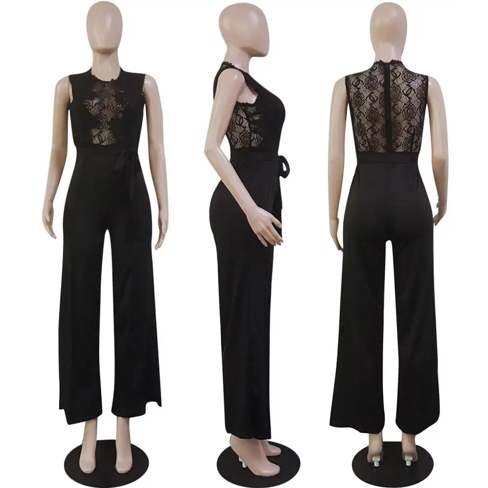 black jumpsuit Adogirl Sexy Sheer Lace Applique Casual Jumpsuit Solid Black White Red Sleeveless Romper with Belt Women Wide Leg Pants Overalls - Цвет: black jumpsuit