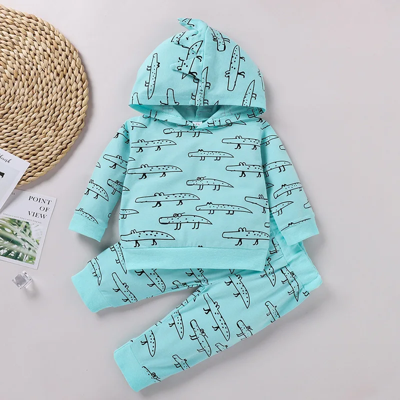 

New Fashion Winter Baby Boy Clothes Set Sport Cute Cartoon Animal Crocodile Print Long Sleeve Hooded Sweater Tops+trousers 0-24M