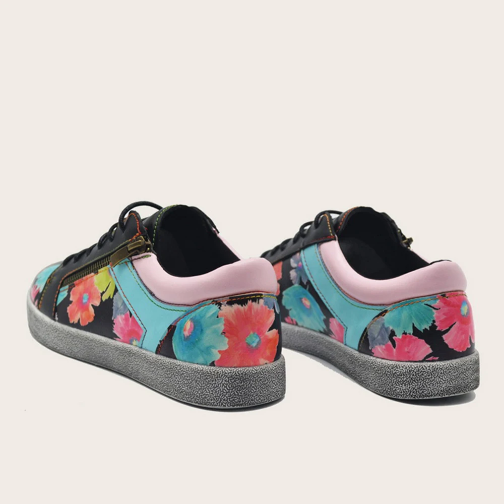 

SOCOFY Women Colorful Floral Printed Flats Comfy Wearable Leather Lace Up Shoes Zipper Casual Outdoor Sports Sneakers