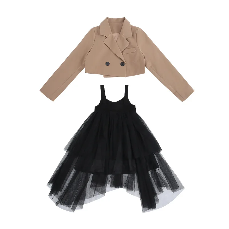 Короткие костюмы для девочек осень 2021 Новое Детское Сетчатое платье в западном