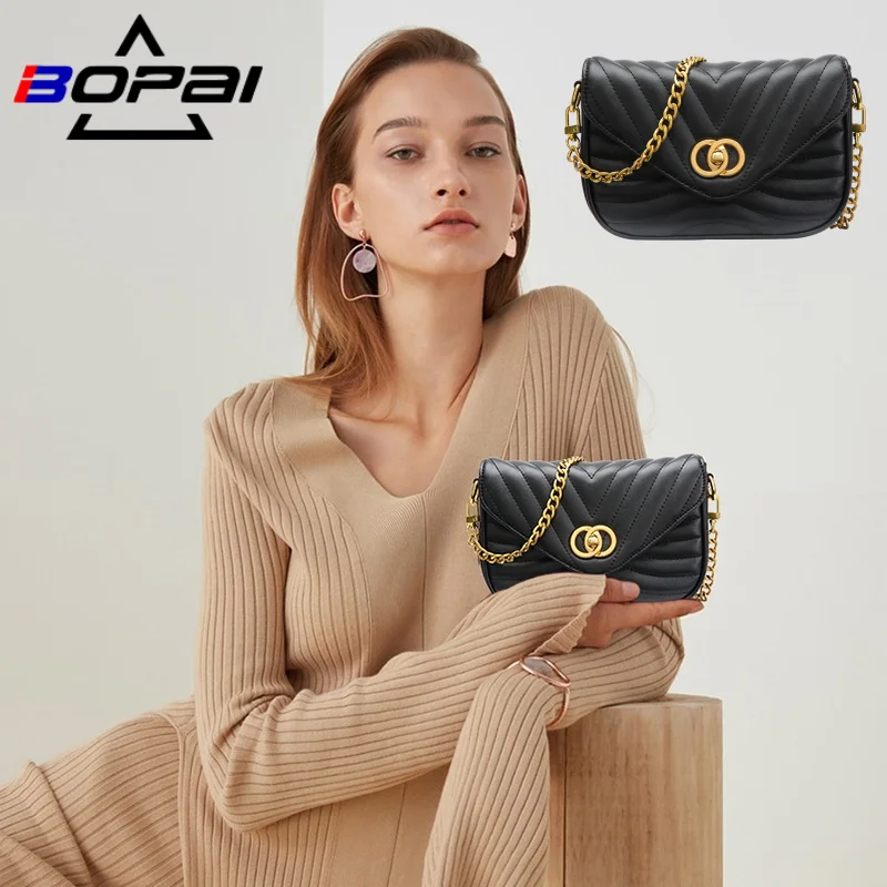 BOPAI New Luxury Women's Shoulder Bags Flap Bag For Female 2021 Designer Handbags Thick Chain Black 