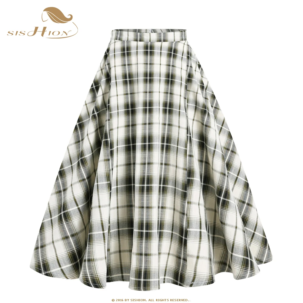 

SISHION School Girl High Waist Vintage Plaid Midi Skirts Saia A Line Swing Summer Autumn 50s 60s Women's Rockabilly Skirt VD2227