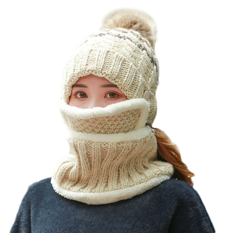 

Шапка женская вязаная с помпоном, шарф-маска на рот, зимняя, ветрозащитная, с плюшевой подкладкой