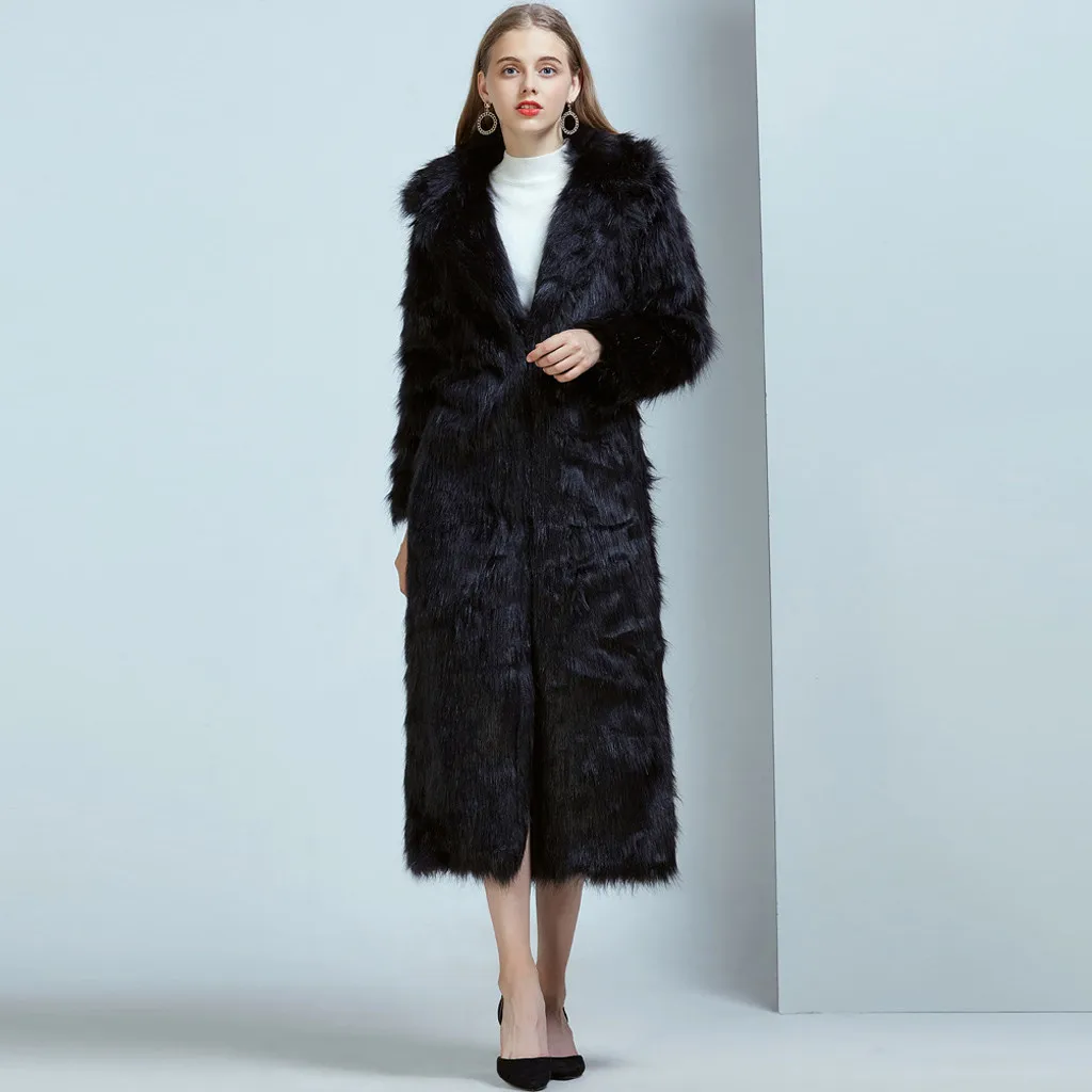 Ladies Faux Fur Wool Lamb Long Coat Fashion Women Outwear Long Sleeves Warm Coat Plush Jacket Long Overcoat Solid Plus Size