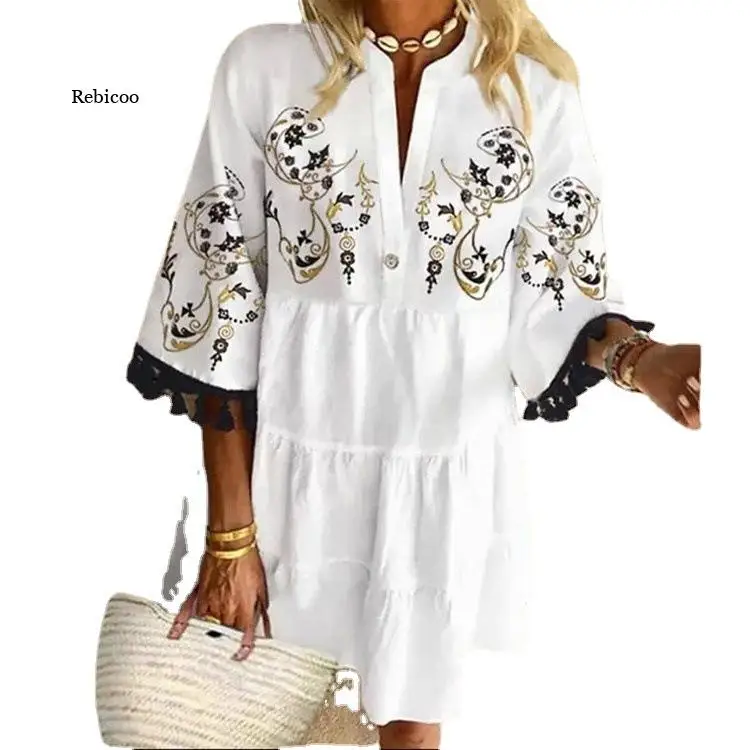

Women Dress Fashion Tassel Sleeve V Neck Lady Patchwork Dress Loose Casual Knee Length Tassel Half Sleeve Dress
