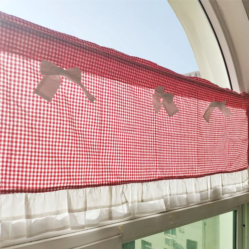 

Korean style small curtain double-layer lace short curtain lattice cabinet curtain coffee curtain Half curtain door curtain
