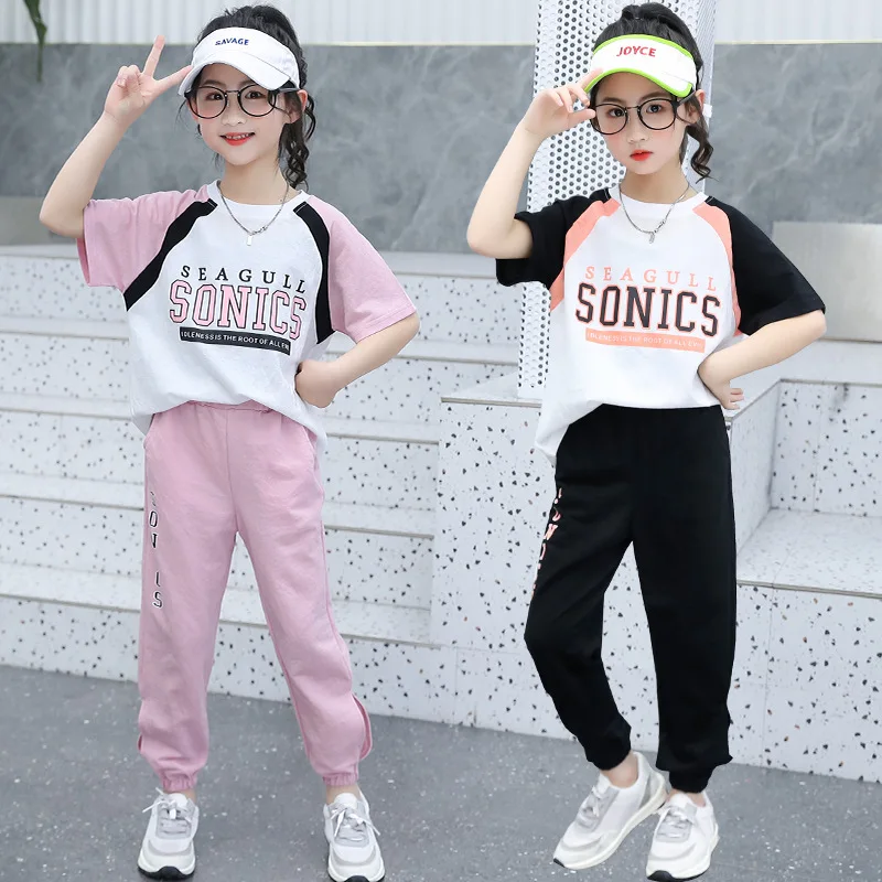 

IENENS Girl Clothes Sets Letter T-shirt + Pants Fit 4-13 Years Kids Cotton Clothing Child Summer Casual Outfits Sports Suits