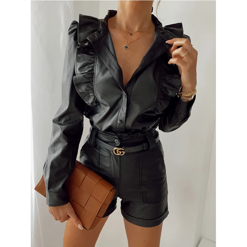 

Осенняя женская черная рубашка из искусственной кожи с оборками, модная деловая женская блузка с отворотом и длинным рукавом на пуговицах