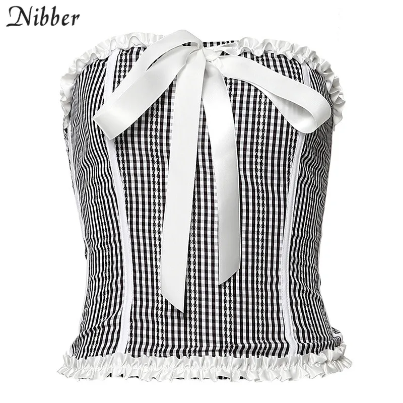 Черный NIBBER, осенний, Harajuku, розовый, без бретелек, с бантом, Тонкий Топ, женский, короткий, камзол,, винтажный, клетчатый, элегантный, облегающий жилет, тройники - Цвет: Черный