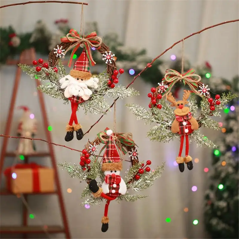 

Christmas Tree Hanging Santa Claus Snowman Ornaments Plush Santa Elk Hanging Rattan Wreath Garland Home Decoration Holiday Decor